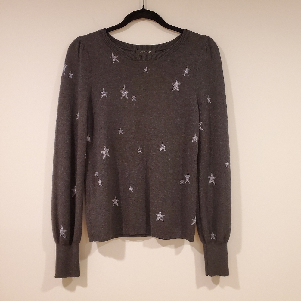 Ann Taylor Silver Thread Star Pattern Crewneck Sw… - image 1